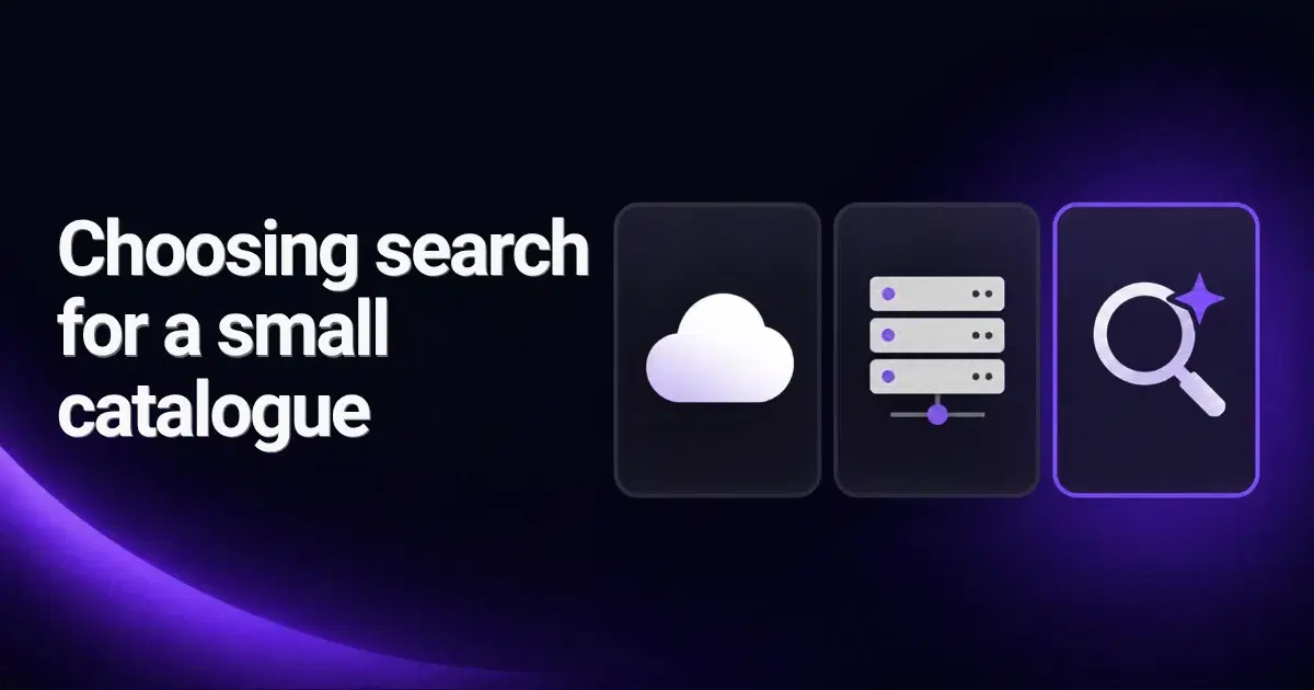Three outline cards (a cloud, a server stack and a search box with a check mark) beside the title 'Choosing search for a small catalogue', on a dark violet background.