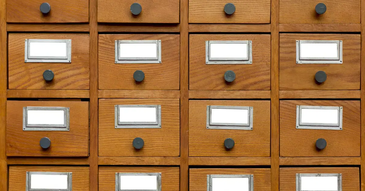 Wooden card-catalogue drawers, the oldest form of catalogue search, for a post on site search for publishers